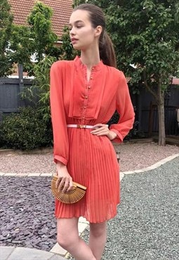 Long Sleeve Pleated Midi Dress in orange