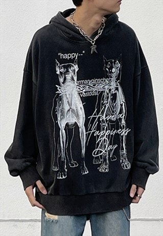 BLACK WASHED DOGS GRAPHIC COTTON OVERSIZED HOODIES 