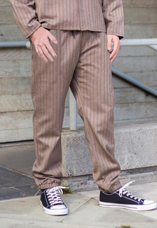 BROWN RETRO PREMIUM WOOL STRIPED FABRIC TROUSERS PANTS Y2K