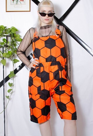 90S GRUNGE Y2K VINTAGE FOOTBALL ORANGE BLACK DUNGAREE SHORTS