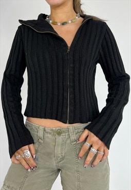 Vintage 90s Knit Jumper Roll Neck  Zip Cardigan Y2k Sweater