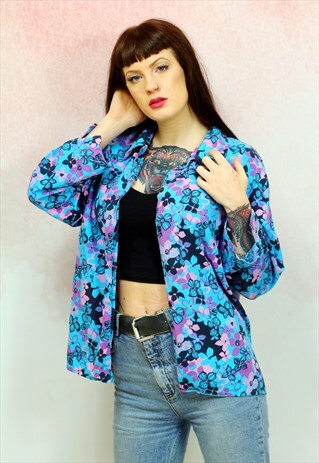 1980S VINTAGE BLUE FLORAL PURE SILK SHIRT