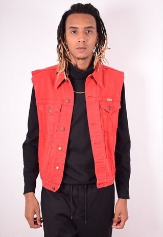 WRANGLER MENS VINTAGE DENIM GILET XL RED 90S