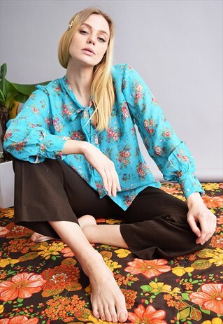 70'S RETRO ABSTRACT FLORAL PATTERN SHEER OVERSIZED SHIRT
