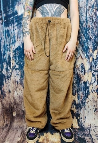 FAUX FUR JOGGERS FLEECE OVERALLS BEAR FLUFFY PANTS IN BROWN