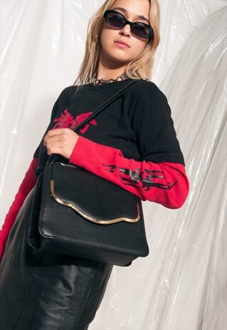 VINTAGE BAG 80S FAUX LEATHER BLACK MINIMALIST SHOULDER BAG