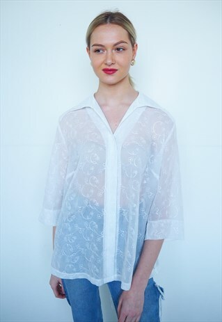 VINTAGE WHITE SEMI SHEER EMBROIDERED BLOUSE