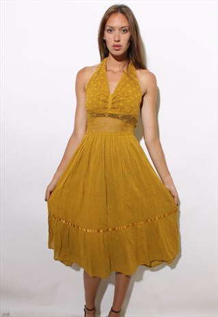 VINTAGE 70S MUSTARD YELLOW GAUZE CROCHET HALTER DRESS S-M