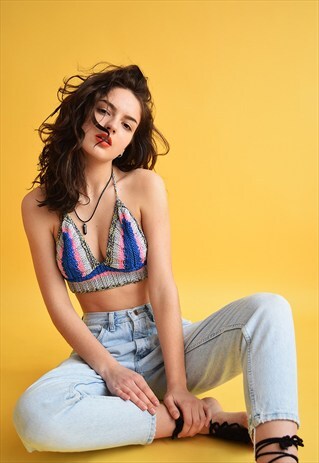 70'S STYLE JAZZY FESTIVAL CROCHET BRALET HALTER CROP TOP