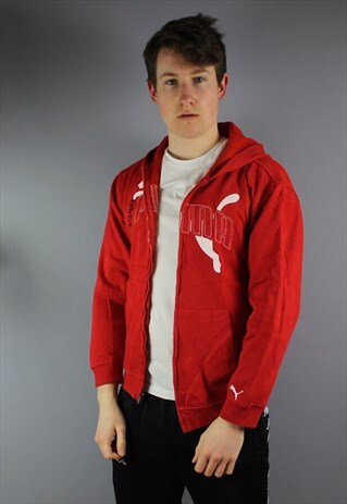 VINTAGE PUMA HOODIE IN RED WITH EMBROIDERED SPELL OUT