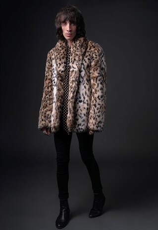 MENS FAUX FUR LEOPARD PRINT COAT