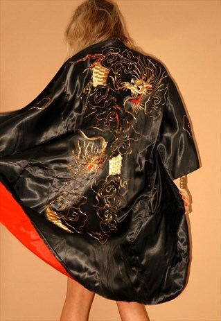 Vintage 70s gold thread dragon black red japanese kimono