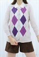90S VINTAGE CREAM & PURPLE ARGYLE CARDIGAN