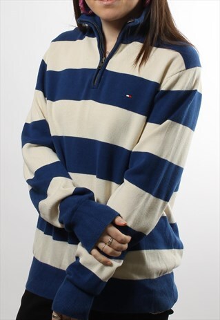 VINTAGE TOMMY HILFIGER BLUE & WHITE STRIPED 1/4 ZIP JUMPER