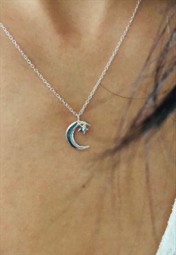 Simple Silver Moon and Star Necklace in 18 inch 