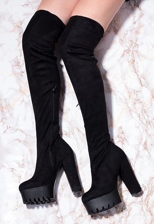 HOBBS PLATFORM CLEATED SOLE BLOCK HEEL OVER KNEE TALL BOOTS