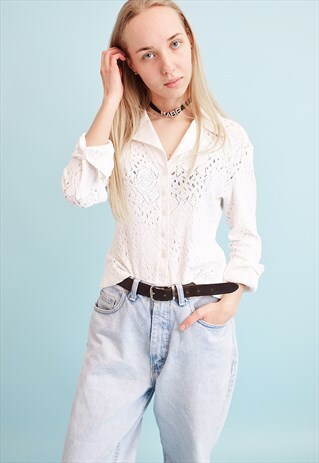 90'S RETRO NEUTRAL KNIT SHEER MOMS TOP BLOUSE