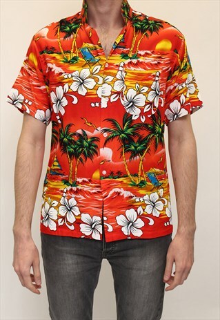 HAWAIIAN STYLE PATTERNED SHIRT-RED