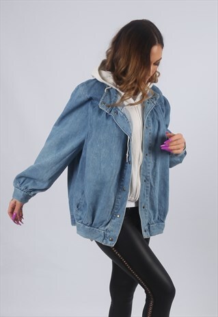 VINTAGE DENIM BOMBER JACKET OVERSIZED HOODED UK 16 (KBC)