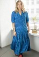 Vintage 80's Blue Patterned Pleated Bottom Midi Dress