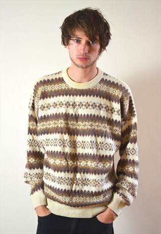 80S VINTAGE CREAM & BROWN SOFT PATTERN KNIT JUMPER