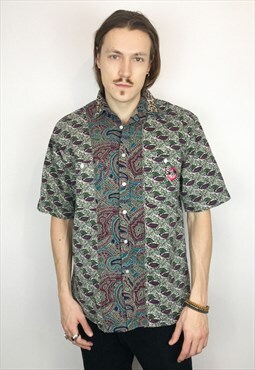 Upcycled Shirt In Mismatched Paisley Green And Leopard