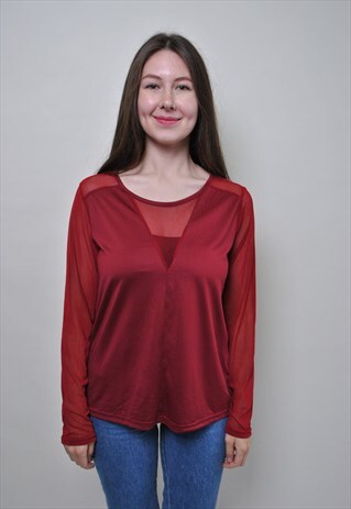 Y2k red mesh blouse, vintage transparent pullover shirt