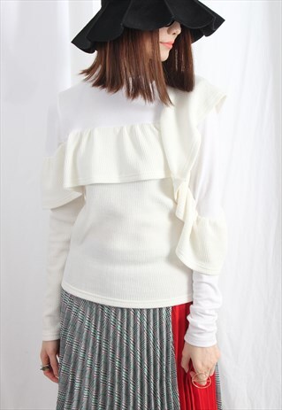 (KOREAN) ASYMMETRIC RUFFLE TRIMMED KNIT TOP IVORY