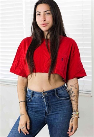 VINTAGE POLO RALPH LAUREN CROP TOP REWORKED LOGO 90S L 3.9
