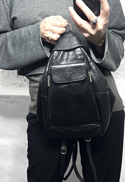 Y2K Black Real Leather Triangle Backpack 