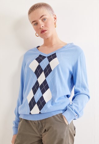 VINTAGE TOMMY HILFIGER V-NECK KNITTED JUMPER BABY BLUE