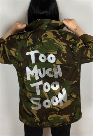 TOO MUCH TOO SOON HAND PAINTED REWORKED CAMOUFLAGE SHIRT