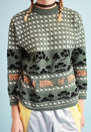 70'S RETRO LANDSCPAE PATTERN KNIT JUMPER