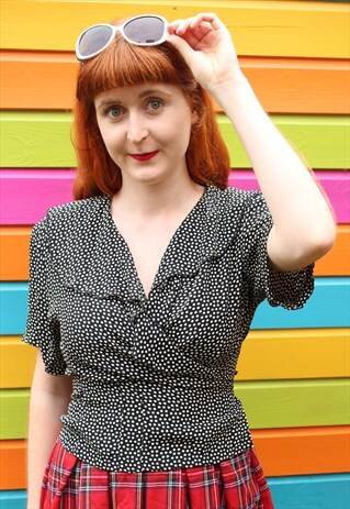 VINTAGE 80'S BLACK & WHITE POLKA DOT RUFFLE WRAP BLOUSE