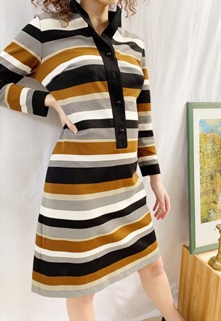 VINTAGE 60S BOHEME MOD STRIPED PARISIAN CHIC MIDI DRESS
