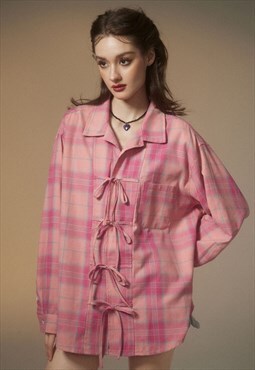 Lace up shirt long sleeve check blouse plaid top in pink