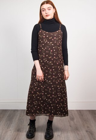 90'S DARK BROWN FLORAL PATTERN STRAPPY MIDI DRESS