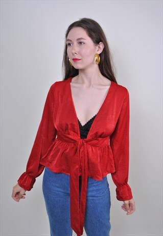 90S RED SEXY BLOUSE, TIE BELT EVENING LONG SLEEVE SHIRT