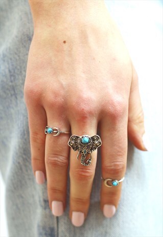 TIBETAN SILVER AND TURQUOISE ELEPHANT ADJUSTABLE RING