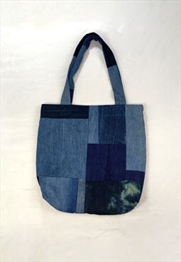 Blue Denim Patchwork Tote Bag with black velvet lin