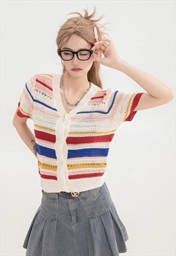 Knitted shirt transparent crochet sweater sheer stripe top