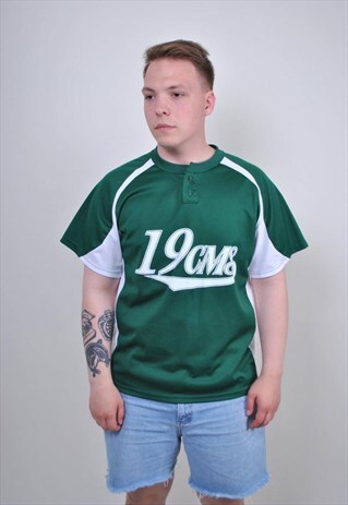 90S HENLEY NECK SPORT TSHIRT, VINTAGE GREEN FOOTBALL JERSEY
