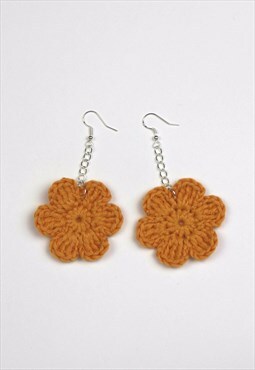 Golden Orange Crochet Drop Flower Earrings