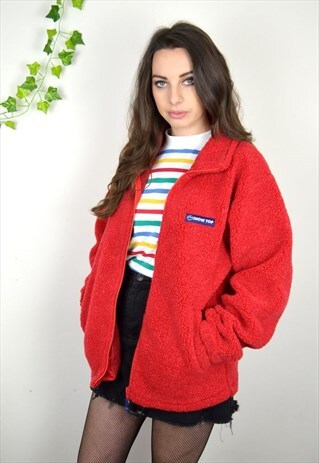 1990S VINTAGE RED THICK FULL ZIP FLEECE JACKET
