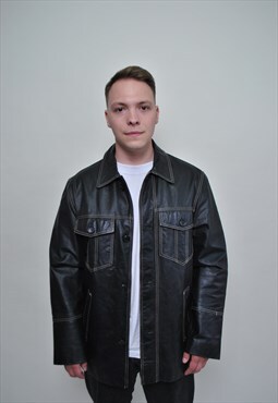 90s leather jacket, men vintage leather blazer black color