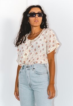 Vintage 90s Patterned Short Sleeves Floral Shirt Blouse