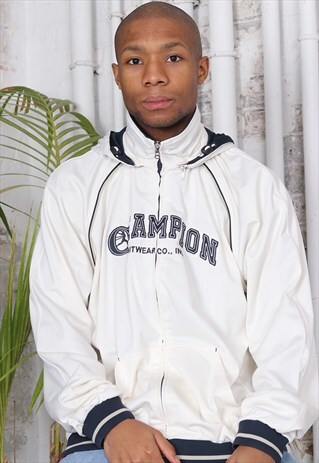 VINTAGE CHAMPION SPELLOUT HOODED TRACK JACKET BEIGE