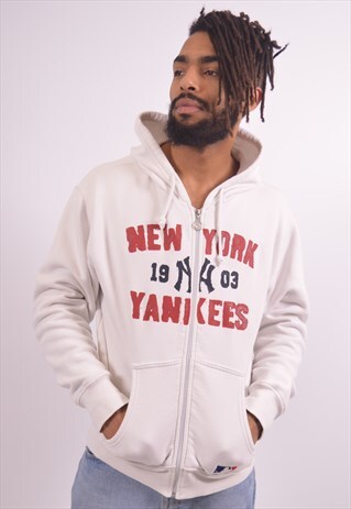 MENS VINTAGE NY YANKEES HOODIE SWEATER MEDIUM WHITE 90S