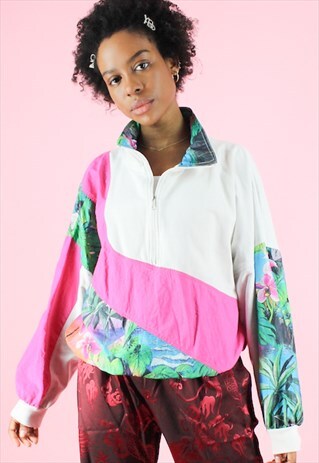 VINTAGE 90S JUMPER WITH FLORAL SLEEVES Y2K WHITE 1/4 ZIP