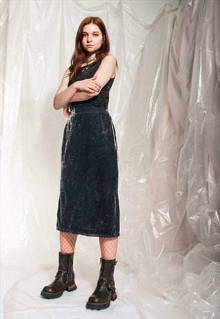 VINTAGE PENCIL SKIRT 90S HIGH-WAIST SILVER GRUNGE MIDI